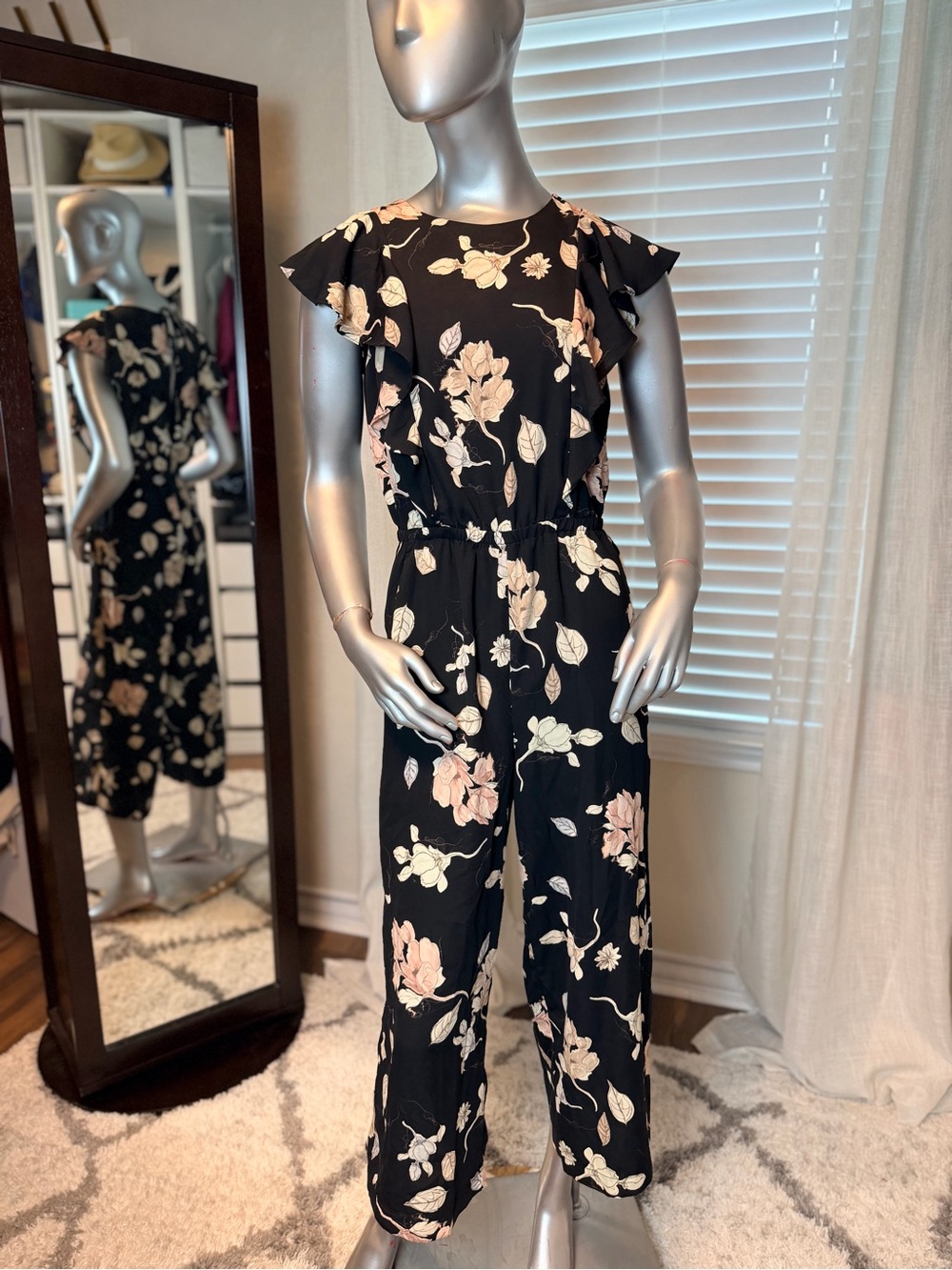 Lost + Wander Black Floral Ruffle Jumpsuit Small Wide Leg Boho Cottagecore